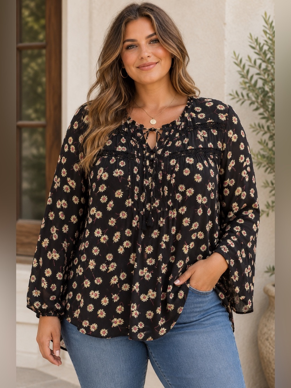 Torrid Black Daisy Floral Rayon Slub Peasant Blouse - Size 1